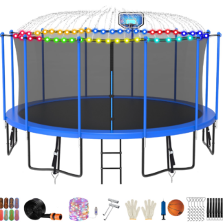 Jump Into Fun Trampoline 12FT 14FT 15FT 16FT, Trampoline for Adults and Kids with Enclosure, Basketball Hoop, Light, Sprinkler, Socks, Wind Stakes, 1500LBS Outdoor Recreational Trampolines, Blue