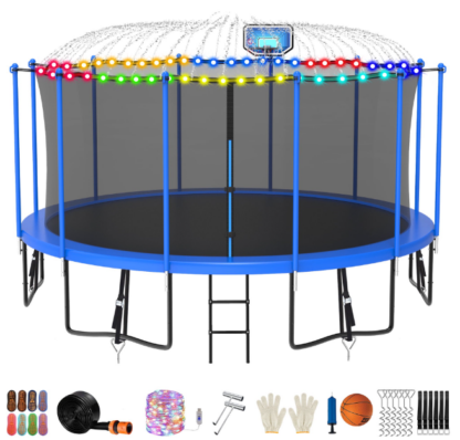 Jump Into Fun Trampoline 12FT 14FT 15FT 16FT, Trampoline for Adults and Kids with Enclosure, Basketball Hoop, Light, Sprinkler, Socks, Wind Stakes, 1500LBS Outdoor Recreational Trampolines, Blue