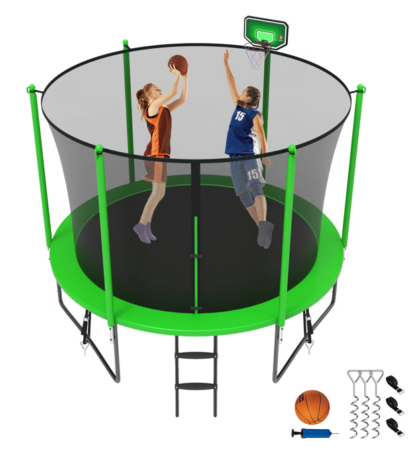 Jump Into Fun Trampoline 8FT 10FT 12FT 14FT 15FT 16FT, Trampoline for Adults and Kids with Enclosure, Basketball Hoop, Wind Stakes and AntiRust Coating, 1000LBS Outdoor Recreational Trampolines