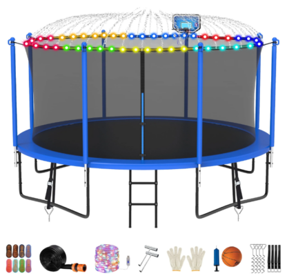 Jump Into Fun Trampoline 12FT 14FT 15FT 16FT, Trampoline for Adults and Kids with Enclosure, Basketball Hoop, Light, Sprinkler, Socks, Wind Stakes, 1200LBS Outdoor Recreational Trampolines, Blue