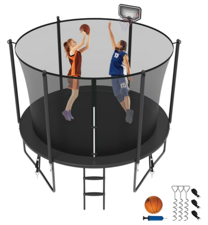 Jump Into Fun Trampoline 8FT 10FT 12FT 14FT 15FT 16FT, Trampoline for Adults and Kids with Enclosure, Basketball Hoop, Wind Stakes and AntiRust Coating, 1000LBS Outdoor Recreational Trampolines