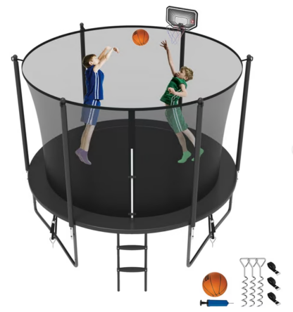 Jump Into Fun Trampoline 8FT 10FT 12FT 14FT 15FT 16FT, Trampoline for Adults and Kids with Enclosure, Basketball Hoop, Wind Stakes and AntiRust Coating, 800LBS Outdoor Recreational Trampolines
