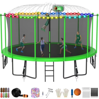 Jump Into Fun Trampoline 8FT 10FT 12FT 14FT 15FT 16FT, Trampoline for Adults and Kids with Enclosure, Basketball Hoop, Wind Stakes, LED Light and More Gifts, 1500LBS Outdoor Recreational Trampolines