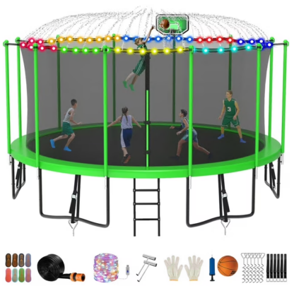Jump Into Fun Trampoline 8FT 10FT 12FT 14FT 15FT 16FT, Trampoline for Adults and Kids with Enclosure, Basketball Hoop, Wind Stakes, LED Light and More Gifts, 1500LBS Outdoor Recreational Trampolines