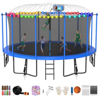 Jump Into Fun Trampoline 8FT 10FT 12FT 14FT 15FT 16FT, Trampoline for Adults and Kids with Enclosure, Basketball Hoop, Wind Stakes, LED Light and More Gifts, 1500LBS Outdoor Recreational Trampolines