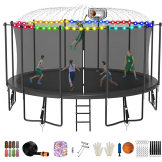 Jump Into Fun Trampoline 8FT 10FT 12FT 14FT 15FT 16FT, Trampoline for Adults and Kids with Enclosure, Basketball Hoop, Wind Stakes, LED Light and More Gifts, 1500LBS Outdoor Recreational Trampolines