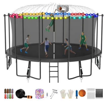Jump Into Fun Trampoline 8FT 10FT 12FT 14FT 15FT 16FT, Trampoline for Adults and Kids with Enclosure, Basketball Hoop, Wind Stakes, LED Light and More Gifts, 1500LBS Outdoor Recreational Trampolines