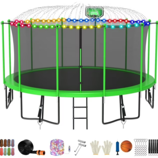 Jump Into Fun Trampoline 12FT 14FT 15FT 16FT, Trampoline for Adults and Kids with Enclosure, Basketball Hoop, Light, Sprinkler, Socks, Wind Stakes, 1500LBS Outdoor Recreational Trampolines, Green