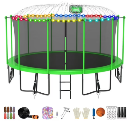 Jump Into Fun Trampoline 12FT 14FT 15FT 16FT, Trampoline for Adults and Kids with Enclosure, Basketball Hoop, Light, Sprinkler, Socks, Wind Stakes, 1500LBS Outdoor Recreational Trampolines, Green