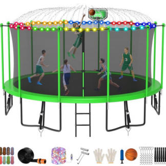 Jump Into Fun Trampoline 8FT 10FT 12FT 14FT 15FT 16FT, Trampoline for Adults and Kids with Enclosure, Basketball Hoop, Wind Stakes, LED Light and More Gifts, 1500LBS Outdoor Recreational Trampolines