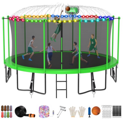Jump Into Fun Trampoline 8FT 10FT 12FT 14FT 15FT 16FT, Trampoline for Adults and Kids with Enclosure, Basketball Hoop, Wind Stakes, LED Light and More Gifts, 1500LBS Outdoor Recreational Trampolines