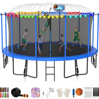 Jump Into Fun Trampoline 8FT 10FT 12FT 14FT 15FT 16FT, Trampoline for Adults and Kids with Enclosure, Basketball Hoop, Wind Stakes, LED Light and More Gifts, 1500LBS Outdoor Recreational Trampolines