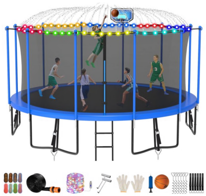 Jump Into Fun Trampoline 8FT 10FT 12FT 14FT 15FT 16FT, Trampoline for Adults and Kids with Enclosure, Basketball Hoop, Wind Stakes, LED Light and More Gifts, 1500LBS Outdoor Recreational Trampolines