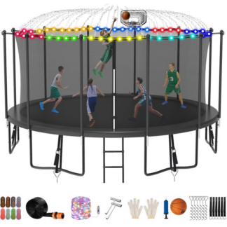 Jump Into Fun Trampoline 8FT 10FT 12FT 14FT 15FT 16FT, Trampoline for Adults and Kids with Enclosure, Basketball Hoop, Wind Stakes, LED Light and More Gifts, 1500LBS Outdoor Recreational Trampolines