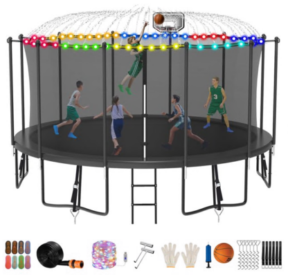 Jump Into Fun Trampoline 8FT 10FT 12FT 14FT 15FT 16FT, Trampoline for Adults and Kids with Enclosure, Basketball Hoop, Wind Stakes, LED Light and More Gifts, 1500LBS Outdoor Recreational Trampolines