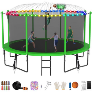 Jump Into Fun Trampoline 8FT 10FT 12FT 14FT 15FT 16FT, Trampoline for Adults and Kids with Enclosure, Basketball Hoop, Wind Stakes, LED Light and More Gifts, 1400LBS Outdoor Recreational Trampolines