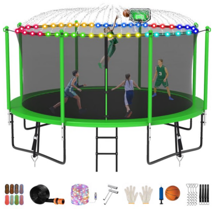 Jump Into Fun Trampoline 8FT 10FT 12FT 14FT 15FT 16FT, Trampoline for Adults and Kids with Enclosure, Basketball Hoop, Wind Stakes, LED Light and More Gifts, 1400LBS Outdoor Recreational Trampolines
