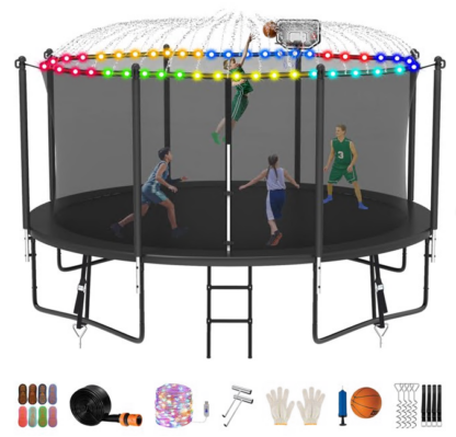 Jump Into Fun Trampoline 8FT 10FT 12FT 14FT 15FT 16FT, Trampoline for Adults and Kids with Enclosure, Basketball Hoop, Wind Stakes, LED Light and More Gifts, 1400LBS Outdoor Recreational Trampolines