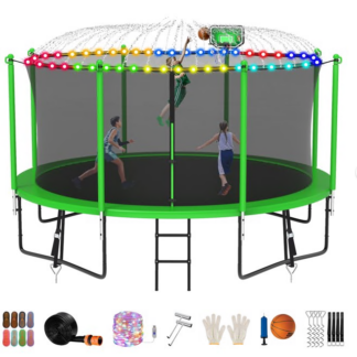 Jump Into Fun Trampoline 8FT 10FT 12FT 14FT 15FT 16FT, Trampoline for Adults and Kids with Enclosure, Basketball Hoop, Wind Stakes, LED Light and More Gifts, 1200LBS Outdoor Recreational Trampolines