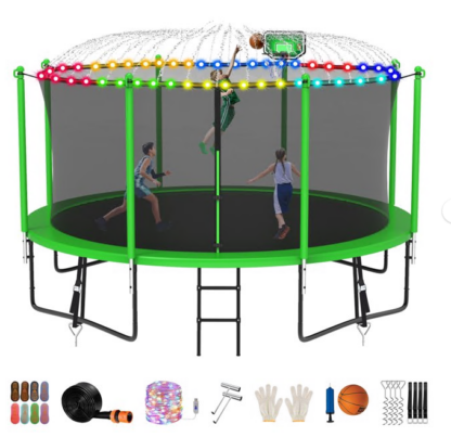 Jump Into Fun Trampoline 8FT 10FT 12FT 14FT 15FT 16FT, Trampoline for Adults and Kids with Enclosure, Basketball Hoop, Wind Stakes, LED Light and More Gifts, 1200LBS Outdoor Recreational Trampolines