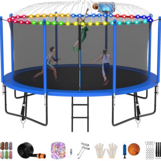 Jump Into Fun Trampoline 8FT 10FT 12FT 14FT 15FT 16FT, Trampoline for Adults and Kids with Enclosure, Basketball Hoop, Wind Stakes, LED Light and More Gifts, 1200LBS Outdoor Recreational Trampolines