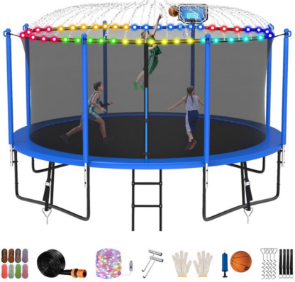 Jump Into Fun Trampoline 8FT 10FT 12FT 14FT 15FT 16FT, Trampoline for Adults and Kids with Enclosure, Basketball Hoop, Wind Stakes, LED Light and More Gifts, 1200LBS Outdoor Recreational Trampolines