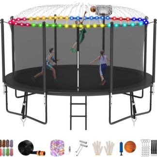 Jump Into Fun Trampoline 8FT 10FT 12FT 14FT 15FT 16FT, Trampoline for Adults and Kids with Enclosure, Basketball Hoop, Wind Stakes, LED Light and More Gifts, 1200LBS Outdoor Recreational Trampolines