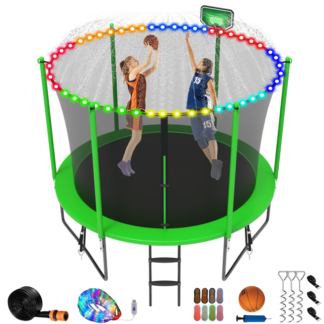Jump Into Fun Trampoline 8FT 10FT 12FT 14FT 15FT 16FT, Trampoline for Adults and Kids with Enclosure, Basketball Hoop, Wind Stakes, LED Light and More Gifts, 1000LBS Outdoor Recreational Trampolines