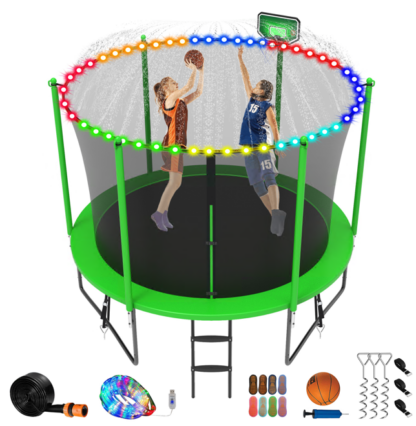 Jump Into Fun Trampoline 8FT 10FT 12FT 14FT 15FT 16FT, Trampoline for Adults and Kids with Enclosure, Basketball Hoop, Wind Stakes, LED Light and More Gifts, 1000LBS Outdoor Recreational Trampolines