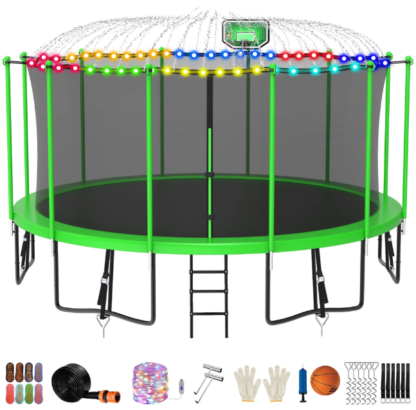 Jump Into Fun Trampoline 12FT 14FT 15FT 16FT, Trampoline for Adults and Kids with Enclosure, Basketball Hoop, Light, Sprinkler, Socks, Wind Stakes, 1500LBS Outdoor Recreational Trampolines, Green