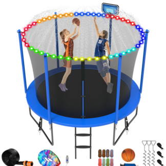 Jump Into Fun Trampoline 8FT 10FT 12FT 14FT 15FT 16FT, Trampoline for Adults and Kids with Enclosure, Basketball Hoop, Wind Stakes, LED Light and More Gifts, 1000LBS Outdoor Recreational Trampolines