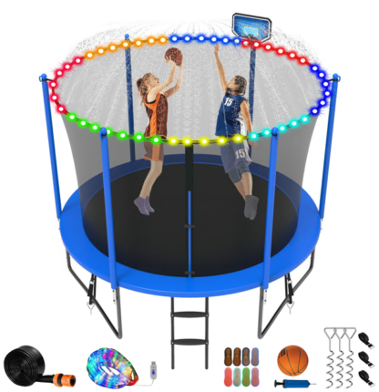 Jump Into Fun Trampoline 8FT 10FT 12FT 14FT 15FT 16FT, Trampoline for Adults and Kids with Enclosure, Basketball Hoop, Wind Stakes, LED Light and More Gifts, 1000LBS Outdoor Recreational Trampolines