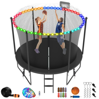 Jump Into Fun Trampoline 8FT 10FT 12FT 14FT 15FT 16FT, Trampoline for Adults and Kids with Enclosure, Basketball Hoop, Wind Stakes, LED Light and More Gifts, 1000LBS Outdoor Recreational Trampolines