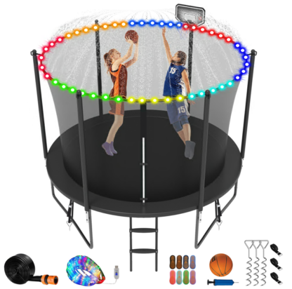 Jump Into Fun Trampoline 8FT 10FT 12FT 14FT 15FT 16FT, Trampoline for Adults and Kids with Enclosure, Basketball Hoop, Wind Stakes, LED Light and More Gifts, 1000LBS Outdoor Recreational Trampolines