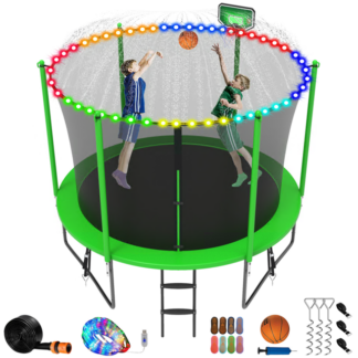 Jump Into Fun Trampoline 8FT 10FT 12FT 14FT 15FT 16FT, Trampoline for Adults and Kids with Enclosure, Basketball Hoop, Wind Stakes, LED Light and More Gifts, 800LBS Outdoor Recreational Trampolines