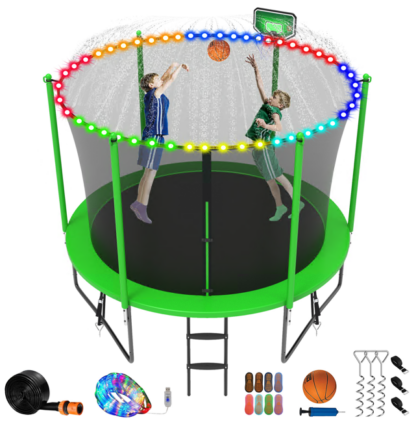 Jump Into Fun Trampoline 8FT 10FT 12FT 14FT 15FT 16FT, Trampoline for Adults and Kids with Enclosure, Basketball Hoop, Wind Stakes, LED Light and More Gifts, 800LBS Outdoor Recreational Trampolines