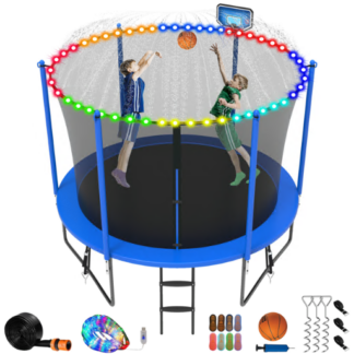 Jump Into Fun Trampoline 8FT 10FT 12FT 14FT 15FT 16FT, Trampoline for Adults and Kids with Enclosure, Basketball Hoop, Wind Stakes, LED Light and More Gifts, 800LBS Outdoor Recreational Trampolines