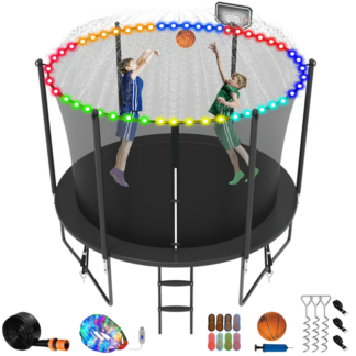 Jump Into Fun Trampoline 8FT 10FT 12FT 14FT 15FT 16FT, Trampoline for Adults and Kids with Enclosure, Basketball Hoop, Wind Stakes, LED Light and More Gifts, 800LBS Outdoor Recreational Trampolines