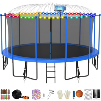 Jump Into Fun Trampoline 12FT 14FT 15FT 16FT, Trampoline for Adults and Kids with Enclosure, Basketball Hoop, Light, Sprinkler, Socks, Wind Stakes, 1500LBS Outdoor Recreational Trampolines, Blue
