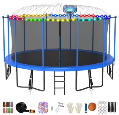 Jump Into Fun Trampoline 12FT 14FT 15FT 16FT, Trampoline for Adults and Kids with Enclosure, Basketball Hoop, Light, Sprinkler, Socks, Wind Stakes, 1500LBS Outdoor Recreational Trampolines, Blue