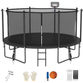 Jump Into Fun Trampoline 15FT 14FT 12FT, Trampoline for Adults and Kids with Enclosure, Basketball Hoop, Wind Stakes & Ladder, Recreational Outdoor Spray Galvanized Round Trampoline