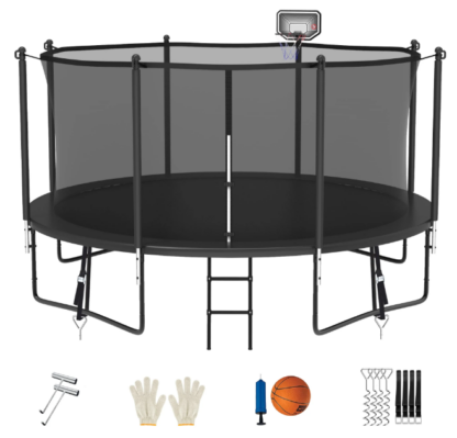 Jump Into Fun Trampoline 15FT 14FT 12FT, Trampoline for Adults and Kids with Enclosure, Basketball Hoop, Wind Stakes & Ladder, Recreational Outdoor Spray Galvanized Round Trampoline