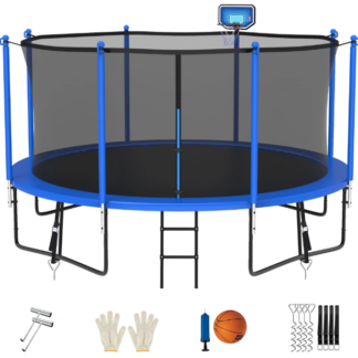 Jump Into Fun Trampoline 15FT 14FT 12FT, Trampoline for Adults and Kids with Enclosure, Basketball Hoop, Wind Stakes & Ladder, Recreational Outdoor Spray Galvanized Round Trampoline