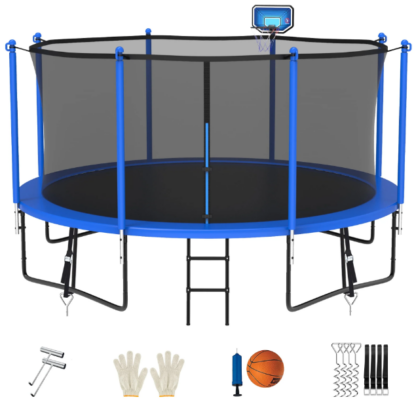 Jump Into Fun Trampoline 15FT 14FT 12FT, Trampoline for Adults and Kids with Enclosure, Basketball Hoop, Wind Stakes & Ladder, Recreational Outdoor Spray Galvanized Round Trampoline