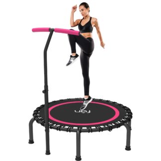 Jump Into Fun 40"/48"/50" Fitness Mini Trampoline for Adults, Foldable Trampoline with Bungees, Adjustable Foam Handle, 330LBS Slient Exercise Rebounder for Indoor/Garden Workout