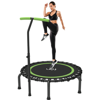 Jump Into Fun 40"/48"/50" Fitness Mini Trampoline for Adults, Foldable Trampoline with Bungees, Adjustable Foam Handle, 330LBS Slient Exercise Rebounder for Indoor/Garden Workout