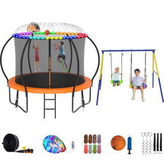 Jump Into Fun Trampoline 8 10 12 14 15 16FT, Trampoline with Enclosure, Basketball Hoop, Swing, LED Light and More Gifts, 800LBS Trampoline for 2-3 Kids, Outdoor Galvanized Spray No Gap Trampoline