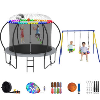 Jump Into Fun Trampoline 8 10 12 14 15 16FT, Trampoline with Enclosure, Basketball Hoop, Swing, LED Light and More Gifts, 800LBS Trampoline for 2-3 Kids, Outdoor Galvanized Spray No Gap Trampoline