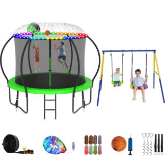 Jump Into Fun Trampoline 8 10 12 14 15 16FT, Trampoline with Enclosure, Basketball Hoop, Swing, LED Light and More Gifts, 800LBS Trampoline for 2-3 Kids, Outdoor Galvanized Spray No Gap Trampoline