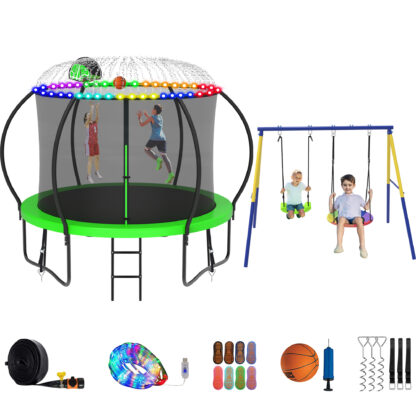 Jump Into Fun Trampoline 8 10 12 14 15 16FT, Trampoline with Enclosure, Basketball Hoop, Swing, LED Light and More Gifts, 800LBS Trampoline for 2-3 Kids, Outdoor Galvanized Spray No Gap Trampoline